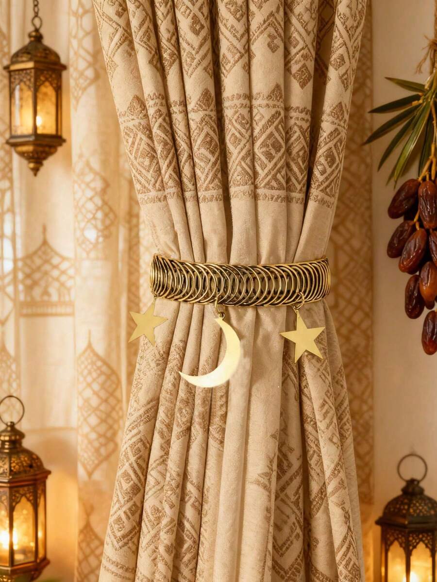 1pc Spring Metal Curtain Rod, Elegant Moon & Star Design - Iron Decor Modern Drapery, Easy To Install, Sturdy Window Decoration, Suitable For Living Room And Bedroom - Modern Home Decor, Star Moon Metal Curtain Clip, Suitable For Decoration In Living Room, Bedroom And Office, Ramadan Decor - Multicolor - View 1