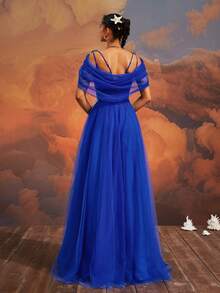 VIPGIRL Sequin Embellished Elegant Mesh Maxi Evening Gown, Navy Blue High Slit Formal Dress - Royal Blue - View 2