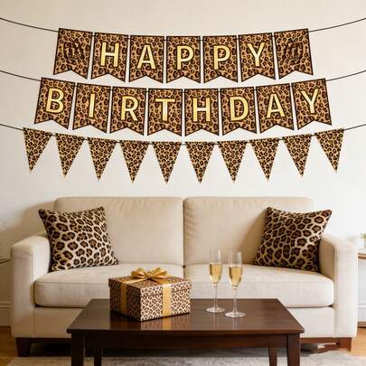 1 Set Pancarta de Feliz Cumpleaños con estampado de leopardo marrón, decoración colgante con tema de animales salvajes para fiesta, banderín de Feliz Cumpleaños. Decoraciones de fiesta de cumpleaños con diseño de lunares de leopardo a la moda, adecuado para suministros de fiesta de cumpleaños, props de fotos, decoraciones de bautizo y fiestas de adolescentes.