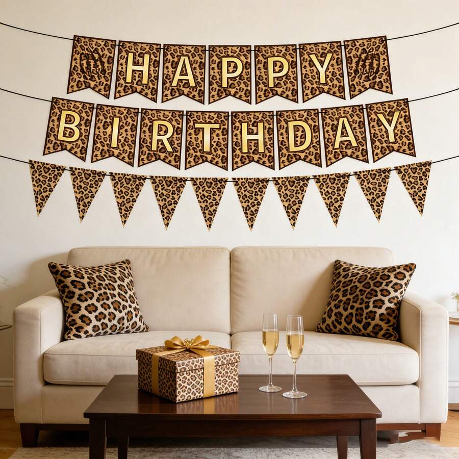 一套棕色豹纹生日快乐横幅，野生动物主题派对装饰挂旗，生日快乐三角旗。时尚豹纹圆点设计生日派对装饰，适用于生日派对用品、拍照道具、洗礼装饰和青少年派对！ - 彩色 - 查看 1