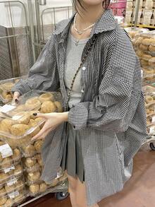 女士撞色格纹翻领长袖宽松单排扣休闲衬衫，春夏款 - 藍白色 - 查看 7