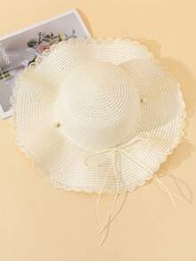 1 pieza Sombrero de sol grande de estilo bohemio con ala ondulada y brisa veraniega, versión coreana con perlas falsas, sombrero casual de protección solar para la playa - Ver 2