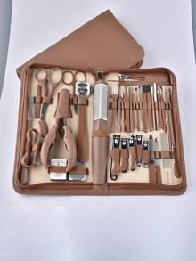 棕色皮革套装按扣 7/16/24/26/32 件美甲工具套装 S 角质层钳切割套装专业指甲钳修脚美甲美容工具 - 彩色 - 查看 26