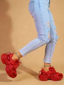 New Red Lace-Up Platform Thick Sole Casual Shoes, Women's Fashion Breathable Chunky Sneakers Leather Patchwork Stylish Personalized Student Shoes, Elegant Women Sports Shoes For Street Style, Outdoor, Holiday Occasions - 紅色皮面 - 查看 4