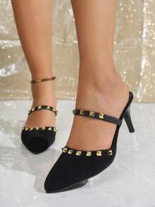 通勤个性黑色高跟尖头铆钉设计时尚优雅女士鞋，适合工作场所、街头、轻度派对等场合，舒适独特。 - 黑色 - 查看 4