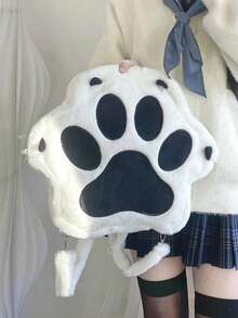 新款可爱猫爪卡通毛绒背包，个性化女孩单肩包，甜美女士大容量背包，生日礼物 - 黑與白 - 查看 10