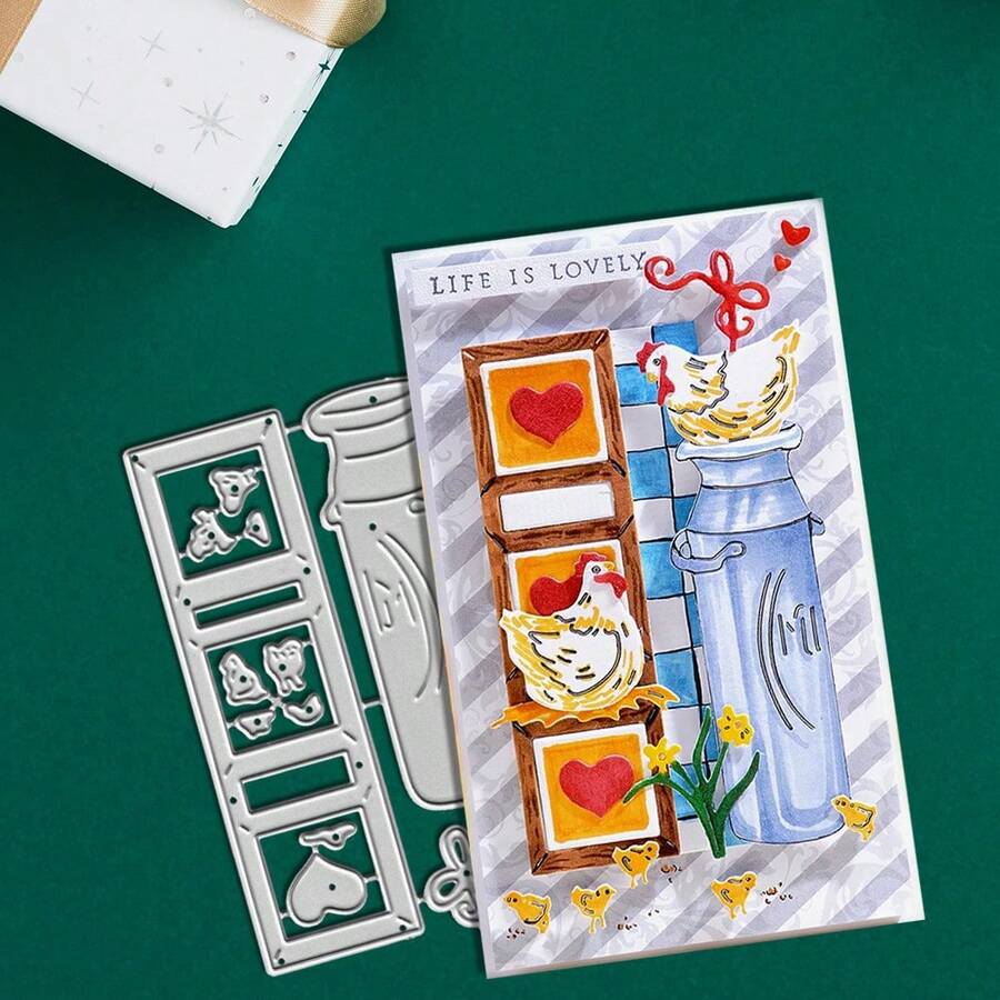 Creative Chicken And Kettle Metal Cutting Dies, DIY Scrapbooking Album And Embossing Stencil, Greeting Card Making Tool, Card Paper Cutting Crafts ,Gift Card Making Template Die Cuts. - Silver - View 1