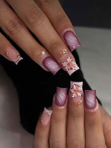 24片装短方形3D立体花朵美甲贴片，法式亚克力按压式短指甲套装。包含：1片果冻胶和1把指甲锉。花朵美甲让您的指尖闪耀夺目，适合派对、舞蹈和日常美甲。 - 彩色 - 查看 7