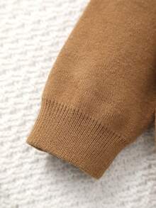 Girls' Knitted Round Neck Handmade Floral Embroidery Cardigan - Brown - View 3