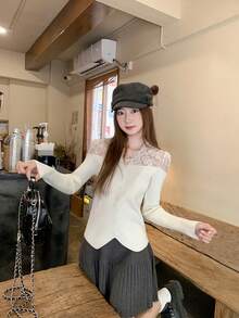 法式浪漫蕾丝拼接针织毛衣，2025秋冬新款，修身长袖打底衫 - 杏色 - 查看 7