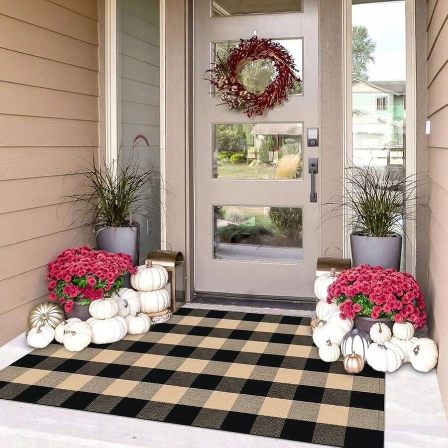 IOHOUZE Buffalo Plaid Checkered Rug 3x5 Ft Front Door Mats, Washable Area Rugs For Front Porch, Welcome Mats Indoor Outdoor, Entryway Rug For Entryway, Home Entrance, Tan Black,One-Size,TanandBlack3x5Rectangular - TanandBlack3x5Rectangular - View 1