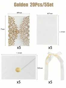 20/40pcs Gold Glitter Hollow Rose Shaped Wedding Invitations With Envelopes And RSVP Cards, Pre-Tied Satin Ribbons, For Wedding Anniversary, Bridal Shower, Engagement Party, Banquet Invitation - Multicolor - View 2