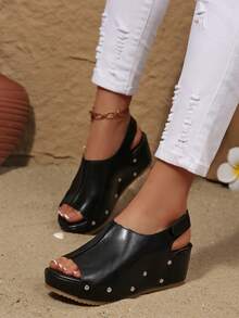 2026春夏新款女士厚底坡跟凉鞋，欧美风舒适厚底坡跟露趾凉鞋，铆钉装饰，魔术贴设计，复古圆头露趾无后跟鞋，休闲度假夏威夷风防滑凉鞋 - 黑色 - 查看 3