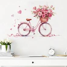 1pc Spring Cycling Wall Sticker - Pink Rose Basket & Floral Path, Self-Adhesive Wallpaper, Creates Cozy Living Room Ambiance; Valentine's Day Home Decor - Sweet Pink Rose Bicycle, Removable & Applicable For Bedroom & Entryway; Romantic Pastoral Wall Sticker - Vintage Bicycle & Blooming Roses, Easy DIY Wall Sticker Set, Ideal Gift For Couples & Housewarming - Multicolor - View 3