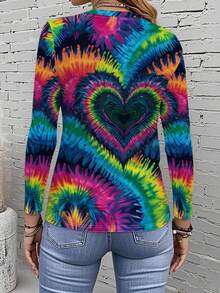 Women's Multicolor Tie-Dye Heart Print Long Sleeve T-Shirt - All-Over  Pattern With Blue Pink Green Yellow Orange Red White Black, Round Neck Casual Spring/Fall Top For Valentine's Day & Casual Attire, Fall Outfit, Spring Fashion, Colorful Design, Breathable Material, Machine Washable, Printed Blouse, Women, Gift Seekers   Ideal For Everyday Wear, Casual Layering, And Comfort, This Relaxed Shirt Is A Versatile Holiday Top Suitable For Camping Or Hiking, Designed For Year-Round Casual Dressing - Mixed Color - 查看 6