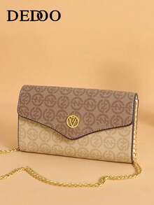 Dedoo PU Leather Dual-Color Letter Print Casual Shoulder Bag, Envelope Bag, Chain Shoulder Bag, Crossbody Bag, Fashionable & Versatile For Women - Khaki - View 9