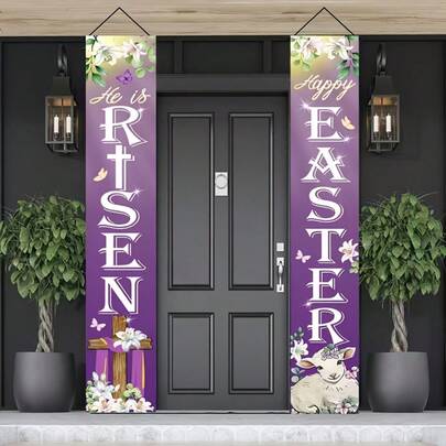 1 Pair Of Happy Easter Banners, Easter Purple Porch Banners, Religious Cross And Lamb Welcome Signs, Decorated With Spring Lilies And Eucalyptus, Polyester Material, Suitable For Indoor And Outdoor Home Decor, Perfect For Easter Celebrations.