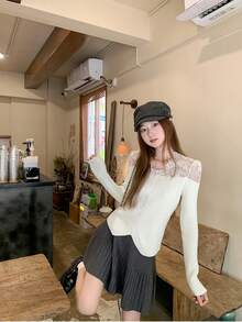 法式浪漫蕾丝拼接针织毛衣，2025秋冬新款，修身长袖打底衫 - 杏色 - 查看 5