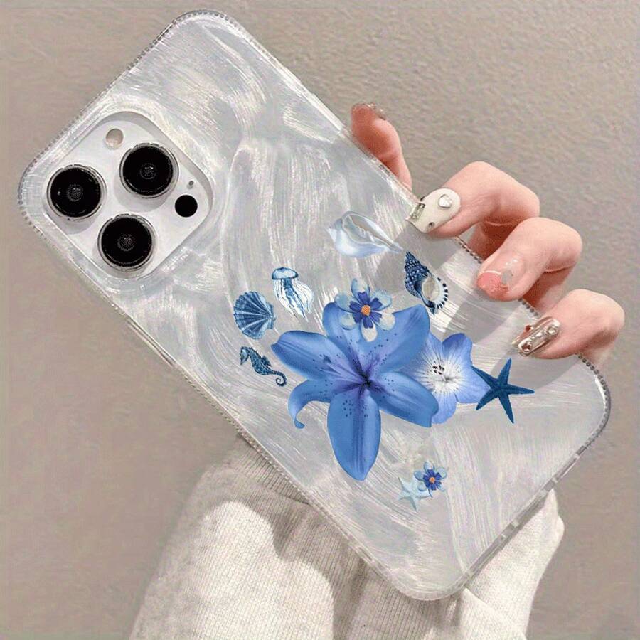 Un patrón de flor de lirio azul, estrella de mar y concha adecuado para fundas de TPU para iPhone 16 Pro Max, compatible con iPhone 15 Pro Max/14/16 Plus/15/13 Pro/12/11/X/Xr/Xs Max, con una funda protectora elegante y transparente que es amigable para negocios y resistente a caídas. - Plateado - Ver 1
