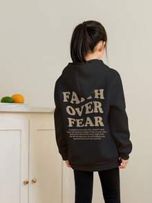 秋季 Tween Girl 休闲印花黑色保暖衬里连帽衫 - 黑色 - 查看 2