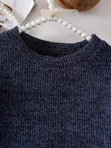 2pcs Baby Girls Striped Patchwork Crew Neck Long Sleeve Top And Denim Long Pants Outfit, Fashionable And Versatile For Outings - Royal Blue - View 3