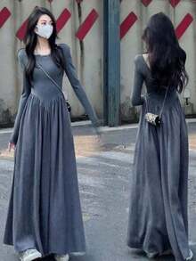 New For Early Fall: Women's French Hepburn Black Long Dress: Long Sleeves For Cold Protection, A-Line Figure-Shaping, High Waist For Longer Legs, Elegant For Commuting, Korean-Inspired Details, Can Be Worn Inside Or On Its Own, A Simple Black Fall Staple - 黑色 - 查看 9