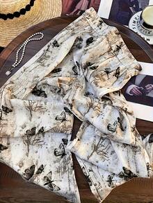 Women's High Waist Retro Black Butterfly Straight Leg Pants, Suitable For Casual Outings And Vacations In Spring And Summer - Multicolor - View 2