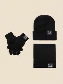 3pcs LA Logo Knit Beanie + Scarf + Gloves Set, Unisex Autumn/Winter Windproof Warm Soft Comfortable Hat, Neck Warmer, Gloves, Suitable For Daily Commute, Study, Work, Gathering, Outdoor Travel, Hiking, Versatile Knit Cap, Essential For Cold Weather Vacation Outfits - A - View 2