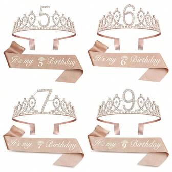 2件套，适合3-9岁儿童，水钻水晶皇冠发箍和发梳，生日周年纪念装饰，“我的5岁生日”缎带水晶皇冠，女孩生日，圣诞节