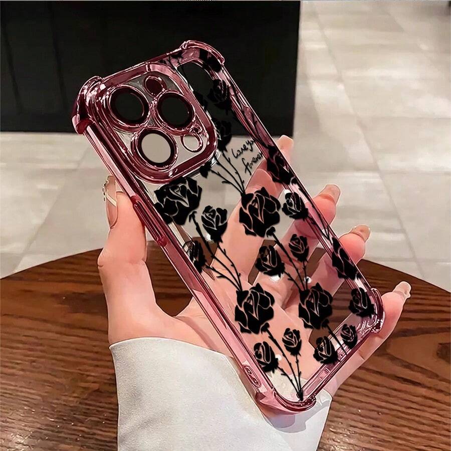 1pcs Black Rose Love Forever Phone Case Compatible with Apple Phone17 16 15 14 13 12 11 ProMax Antidrop Phone Case Camera Protection Phone Case Vintage Light Luxury Style Elegant Stunning Can Be Given To A Lover Can Be Given To Friends - Rosa - Ver 1