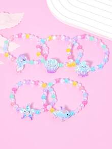 5件套可爱海洋主题章鱼、贝壳、鱼、海马、海星珍珠串珠手链腕带首饰套装，适合节日派对、学校活动、女孩生日礼物 - 彩色 - 查看 3