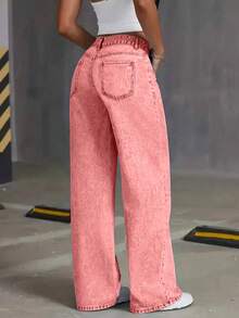 Women's Loose Fit Straight Leg Pockets Casual Jeans Spring - Hot Pink - View 4