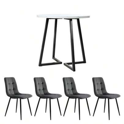 Esstisch-Set (5-Teilig), Modern Esstisch-Set (Mit 4 Stühlen), Küchen-Esstisch-Set, Round Küchentisch Mit 80 Cm Durchmesser Und Schwarzen Metallbeinen, White MDF-Platte, Dark Gray Samtstühle