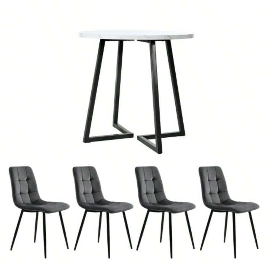 Esstisch-Set (5-Teilig), Modern Esstisch-Set (Mit 4 Stühlen), Küchen-Esstisch-Set, Round Küchentisch Mit 80 Cm Durchmesser Und Schwarzen Metallbeinen, White MDF-Platte, Dark Gray Samtstühle - Grey - View 1