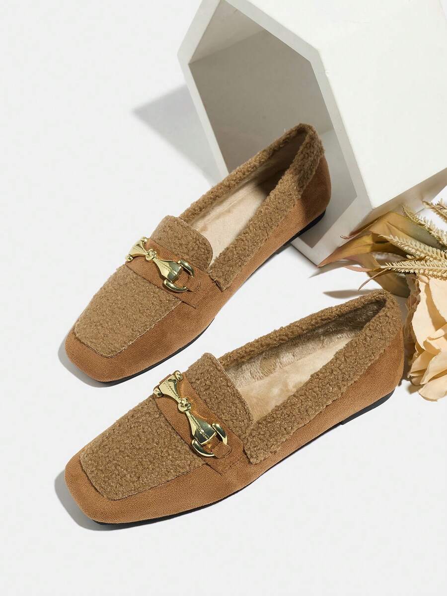 棕色平底玛丽珍鞋，百搭复古时尚户外低跟女鞋，豹纹印花，冬季乐福鞋，套脚式毛绒保暖方头鞋 - 棕色 - 查看 1