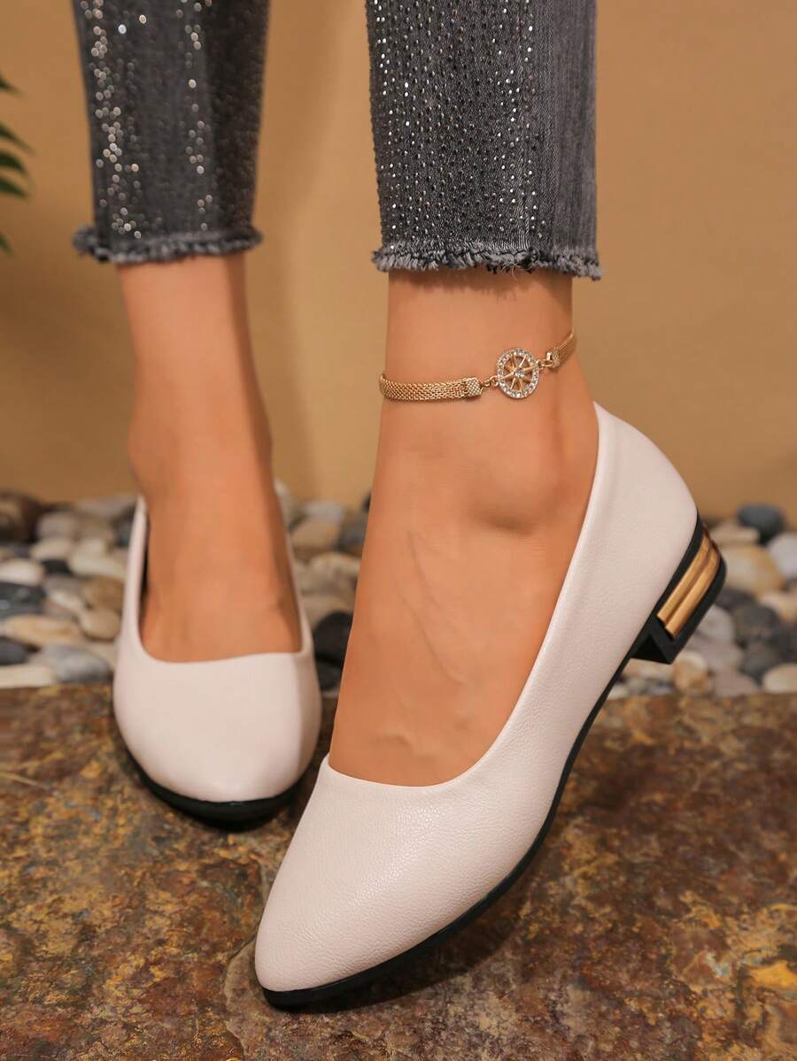 1 Pair European & American Style Pointed Toe Casual Shoes For Teen Girls, Versatile Daily Wear - Beige - View 1