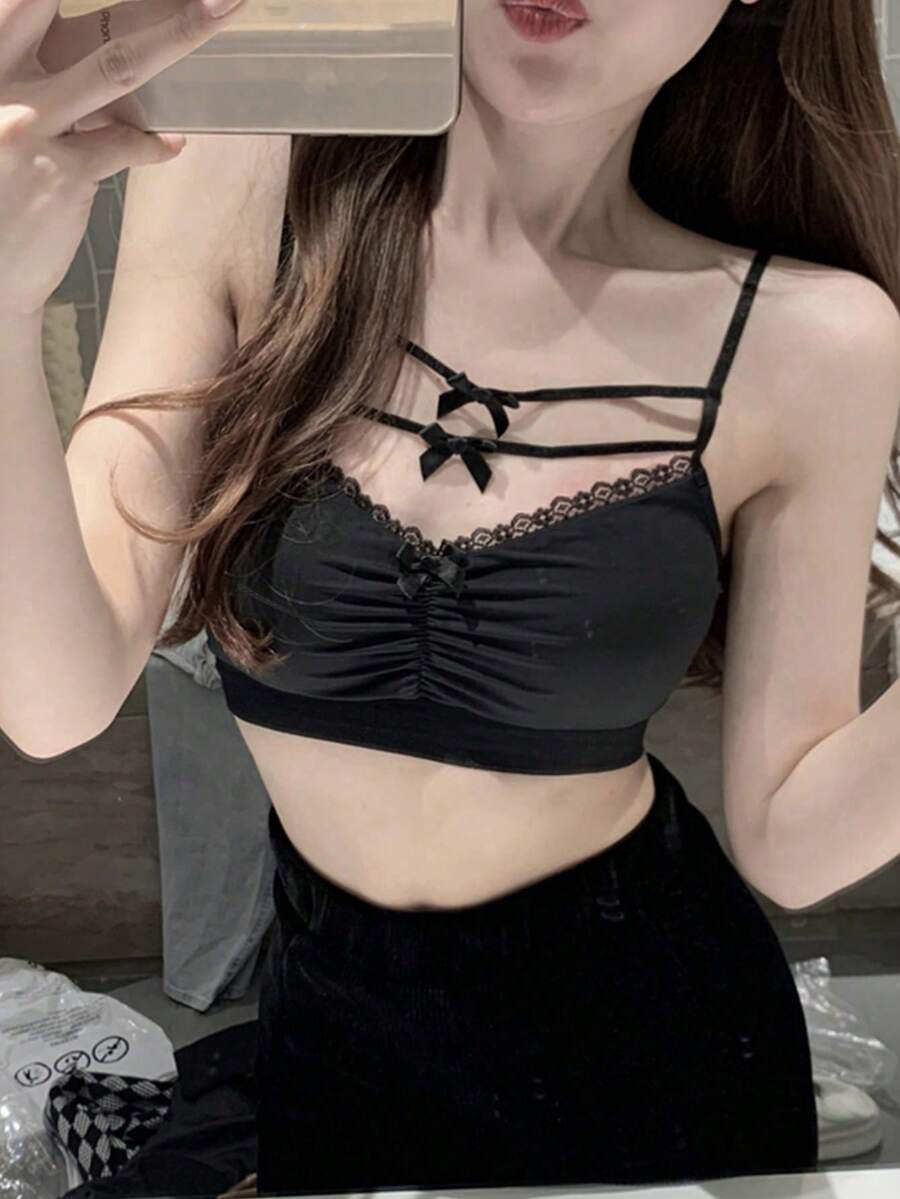 女士蝴蝶结蕾丝吊带背心，夏季外套 - 黑色 - 查看 1