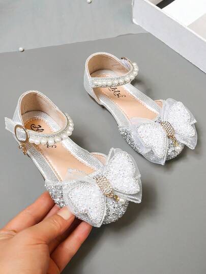 1 Pair Girls' Princess Bow Rhinestone Sweet Casual Sandals, Versatile Flat Slip-On Beach Shoes, Suitable For Toddler, Little, Big Kids, Spring/Summer/Autumn