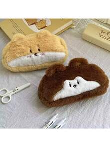 1pc Cute Plush Funny Cartoon Stationery Pouch, Minimalist Large Capacity Pencil Case, High-Quality Squirrel Design Stationery Organizer Bag, Coin Purse, Makeup Bag, Suitable For Middle And High School Students, Girls School Supplies - Brown - View 11