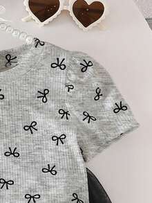 女婴蝴蝶印花泡泡袖T恤和网纱裙套装，甜美可爱街头风，优雅高贵 - 灰色 - 查看 3