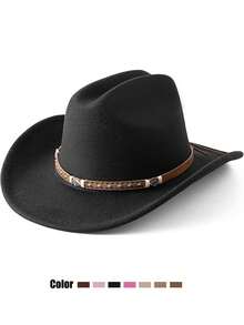 1顶返校季西部牛仔帽，男女通用，柔软羊毛毡材质，皮革帽带，适合圣诞节、万圣节、节日派对、日常休闲佩戴 - 款式1 - 查看 3