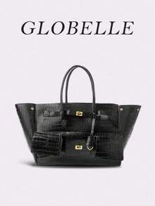 GLOBELLE 时尚复古摩托车包，大容量可扩展，金色五金配件，纯色鳄鱼纹压花双提手，女士单肩手提包，适合上班族女性，完美适用于大学、工作、商务、通勤、户外、旅行、野餐、办公室等各种场合，也适合工作、购物、送礼、休闲旅行。简约百搭，适合户外休闲和购物。 - 黑色 - 查看 4