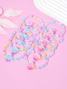 5件套可爱海洋主题章鱼、贝壳、鱼、海马、海星珍珠串珠手链腕带首饰套装，适合节日派对、学校活动、女孩生日礼物 - 彩色 - 查看 1