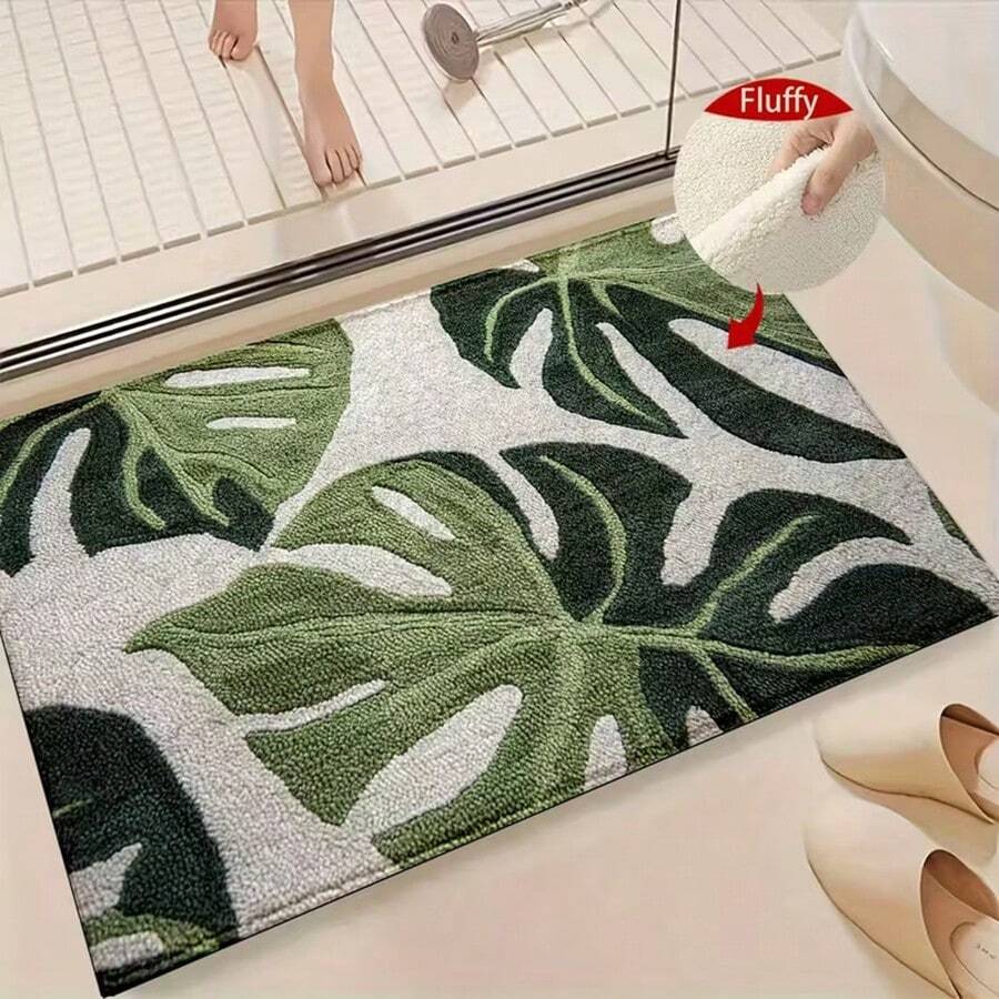 1pc Green Leaf Pattern Super Soft Microfiber Bath Mat, Non-Slip Absorbent Bathroom Rug, Door Mat, Bathroom Shower Mat, Machine Washable, Low Pile, TPR Backing, Knitted Fabric, Suitable For Bathroom, Bedroom, Kitchen, Entryway, Indoor & Outdoor Use, Bathroom Accessory And Decor, Housewarming Gift - Multicolor - View 1