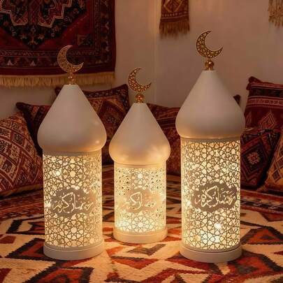 1pc Metal LED Decorative Lantern, Hollow Crescent Pattern, Battery Powered, Suitable For Tabletop And Home Decor, Applicable For Wedding, Living Room Decor, Home Decor, Diwali - Warm White Light (Batteries Not Included), Lantern Decor (Batteries Not Included)