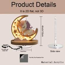 1个2D旋转亚克力独角兽夜灯 - 可爱的睡眠独角兽，月亮和星星图案，可作卧室、客厅、厨房、浴室的桌面装饰，无需电池 - 彩色 - 查看 2