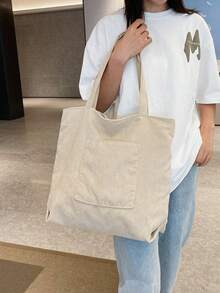 Solid Color Men's One Shoulder Tote Bag, Versatile Shopping Bag, Striped Large Capacity Canvas Bag - Beige - View 8