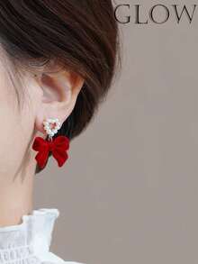 1 Đôi bông tai đính nơ màu đỏ dễ thương, ngọt ngào, thanh lịch, thích hợp cho các bé gái, ngày Valentine, đeo hàng ngày và các lễ hội. - Đỏ - Xem 4