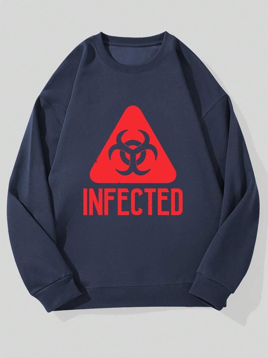 Men's Casual Crew Neck Sweatshirt With INFECTED Pattern - 藏蓝色 - 查看 1
