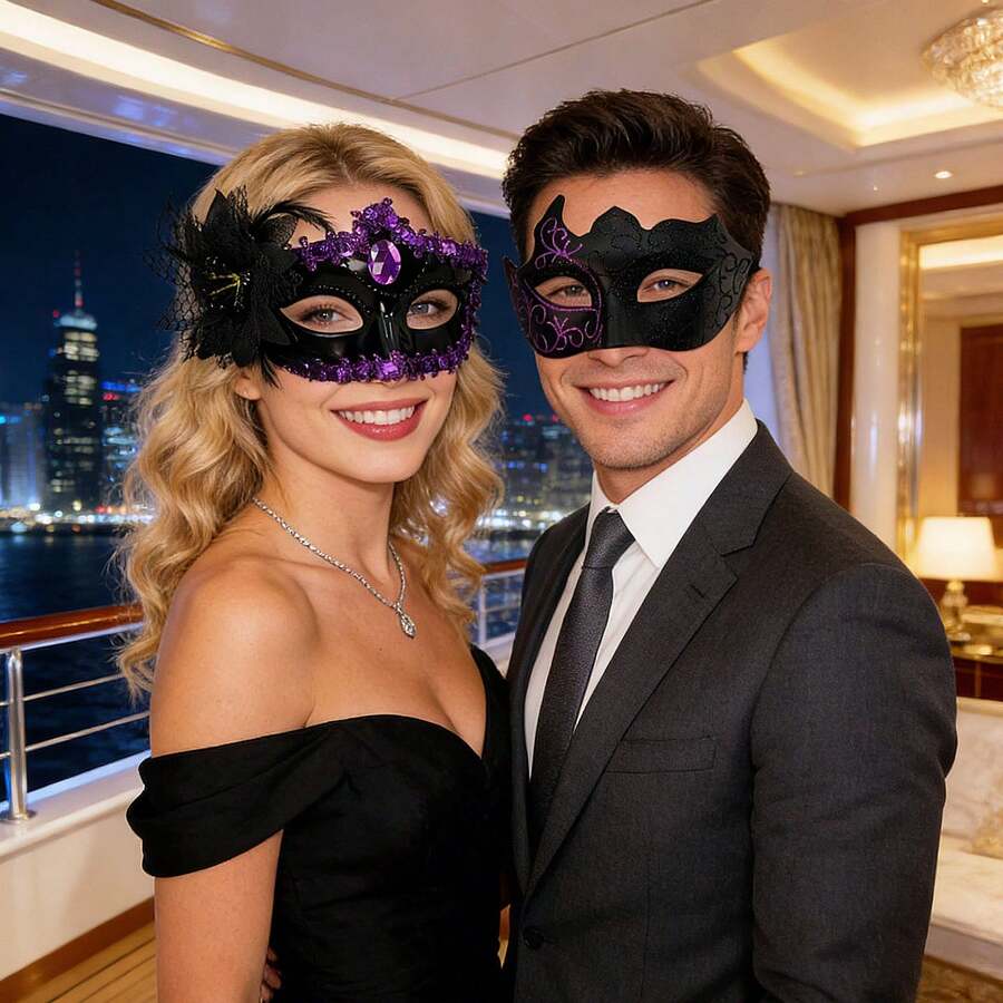 Bộ mặt nạ dạ hội đôi, mặt nạ dự tiệc kiểu Venice thanh lịch cho Giáng sinh, Halloween, lễ hội hóa trang, mặt nạ đen tím lấp lánh lãng mạn dành cho nam và nữ.